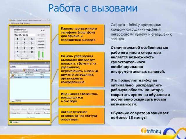 Работа с вызовами Call-центр Infinity предоставит каждому сотруднику удобный интерфейс по приему