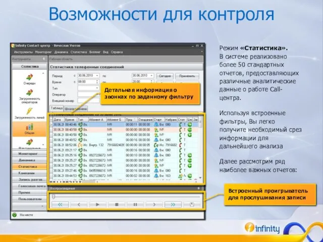 Возможности для контроля Режим «Статистика». В системе реализовано более 50 стандартных отчетов,