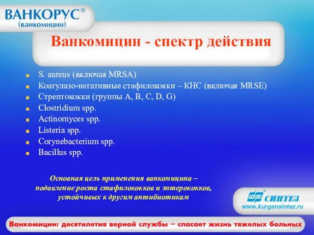 Ванкомицин - спектр действия S. aureus (включая MRSA) Коагулазо-негативные стафилококки – КНС