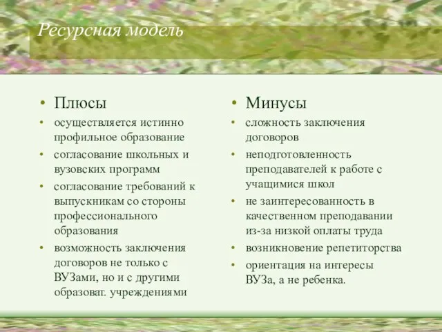 Ресурсная модель Плюсы осуществляется истинно профильное образование согласование школьных и вузовских программ