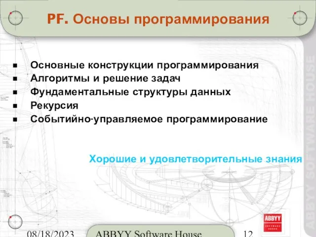 08/18/2023 ABBYY Software House PF. Основы программирования Основные конструкции программирования Алгоритмы и