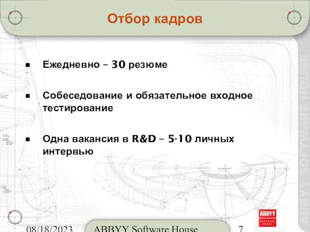 08/18/2023 ABBYY Software House Отбор кадров Ежедневно – 30 резюме Собеседование и