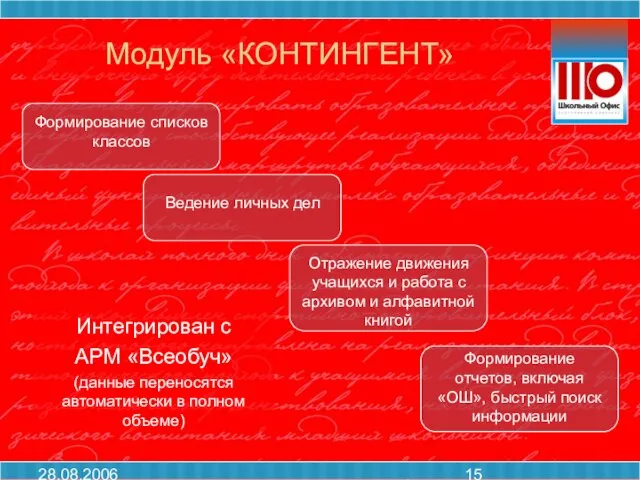 28.08.2006 Модуль «КОНТИНГЕНТ» Интегрирован с АРМ «Всеобуч» (данные переносятся автоматически в полном объеме)