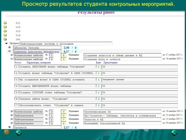 Просмотр результатов студента контрольных мероприятий.