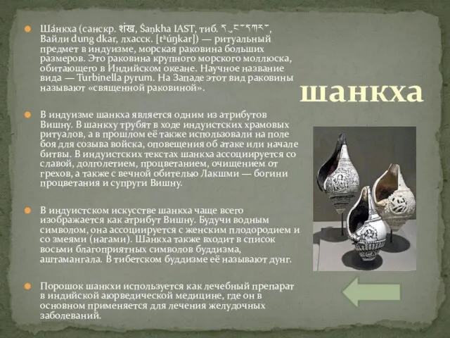 Ша́нкха (санскр. शंख, Śaṇkha IAST, тиб. དུང་དཀར་, Вайли dung dkar, лхасск. [tʰúŋkar])