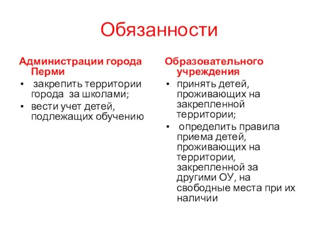 Обязанности Администрации города Перми закрепить территории города за школами; вести учет детей,