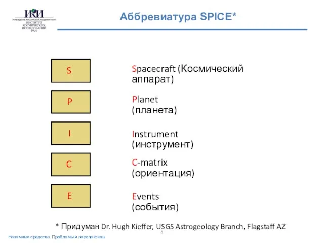 S P I C E Spacecraft (Космический аппарат) Planet (планета) Instrument (инструмент)