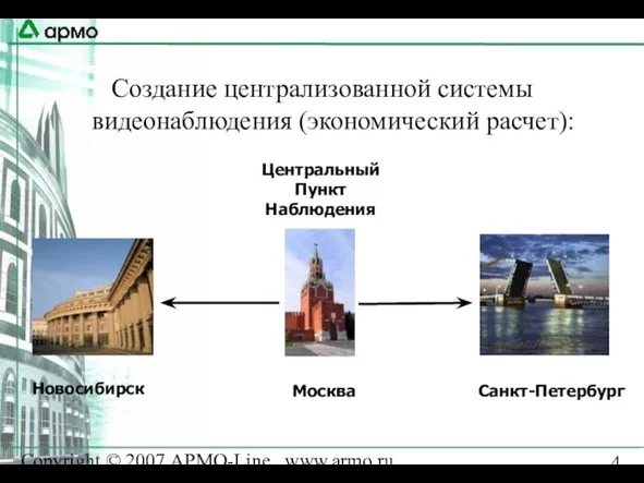 Copyright © 2007 АРМО-Line www.armo.ru Создание централизованной системы видеонаблюдения (экономический расчет): Центральный