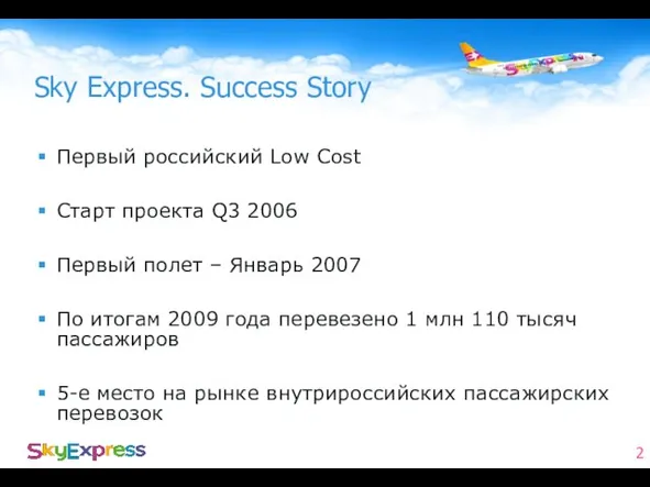 Sky Express. Success Story Первый российский Low Cost Старт проекта Q3 2006