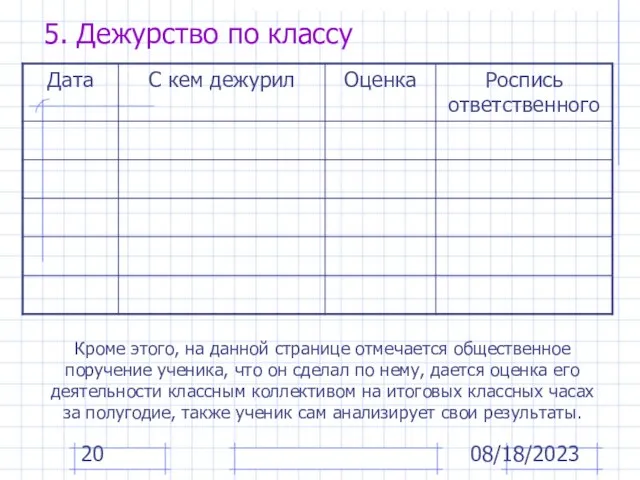 08/18/2023 5. Дежурство по классу Кроме этого, на данной странице отмечается общественное