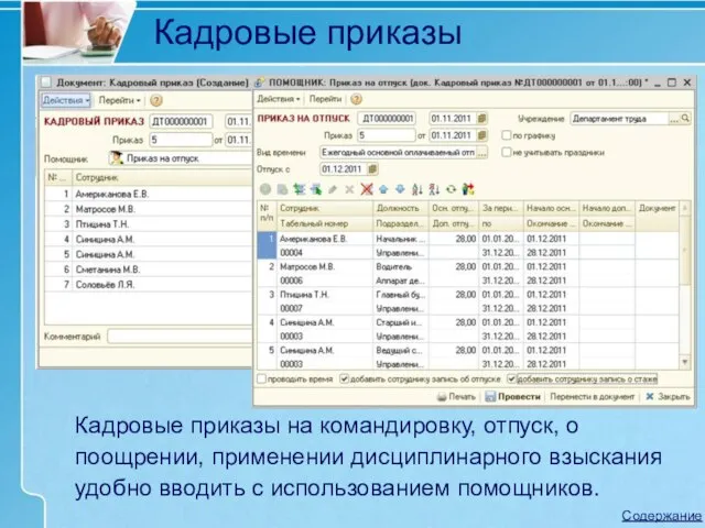 Кадровые приказы Кадровые приказы на командировку, отпуск, о поощрении, применении дисциплинарного взыскания