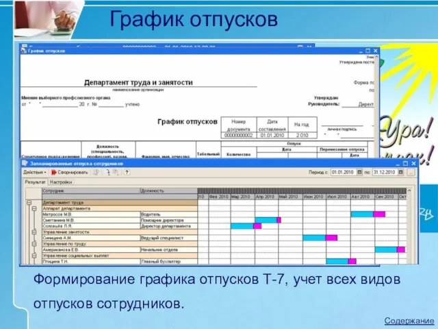 Формирование графика отпусков Т-7, учет всех видов отпусков сотрудников. График отпусков Содержание