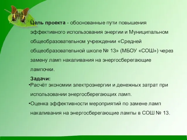 Цель проекта - обоснованные пути повышения эффективного использования энергии и Муниципальном общеобразовательном