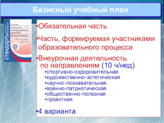 Базисный учебный план Обязательная часть Часть, формируемая участниками образовательного процесса Внеурочная деятельность