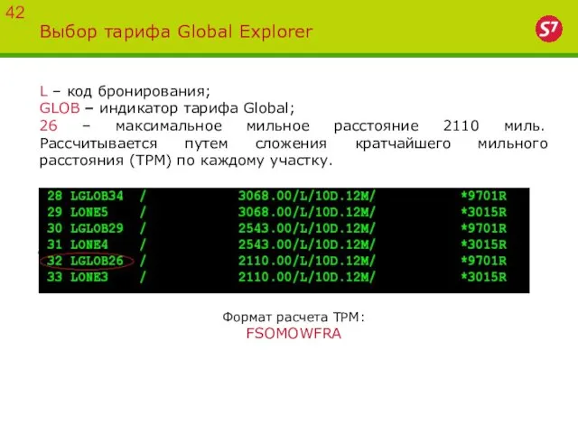 Выбор тарифа Global Explorer L – код бронирования; GLOB – индикатор тарифа