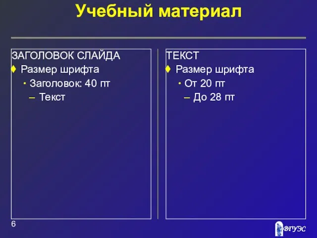 ТЕКСТ Размер шрифта От 20 пт До 28 пт ЗАГОЛОВОК СЛАЙДА Размер