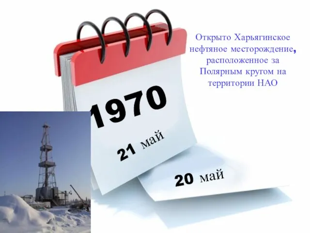 1970 21 май 20 май Открыто Харьягинское нефтяное месторождение, расположенное за Полярным кругом на территории НАО