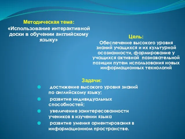 Методическая тема: «Использование интерактивной доски в обучении английскому языку» Цель: Обеспечение высокого