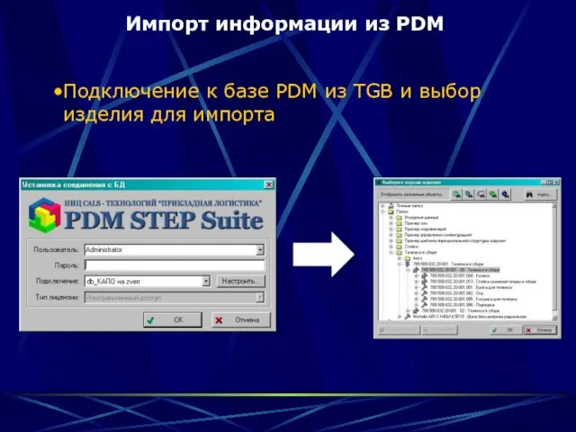 Импорт информации из PDM Подключение к базе PDM из TGB и выбор изделия для импорта