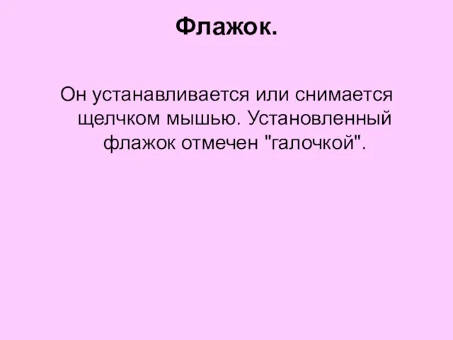 Флажок. Он устанавливается или снимается щелчком мышью. Установленный флажок отмечен "галочкой".