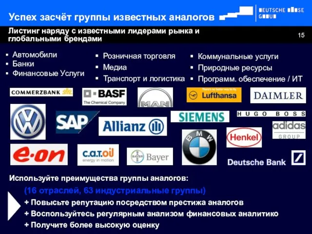 Используйте преимущества группы аналогов: (16 отраслей, 63 индустриальные группы) + Повысьте репутацию