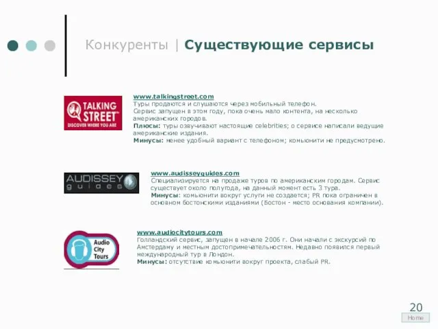 Конкуренты | Существующие сервисы Home www.talkingstreet.com Туры продаются и слушаются через мобильный