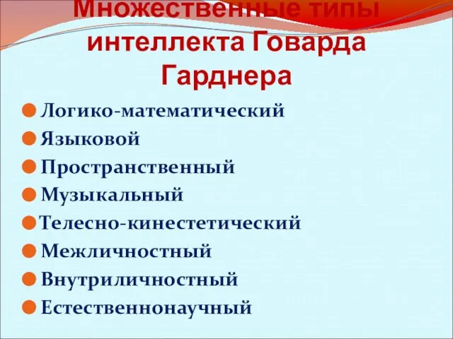 Множественные типы интеллекта Говарда Гарднера Логико-математический Языковой Пространственный Музыкальный Телесно-кинестетический Межличностный Внутриличностный Естественнонаучный