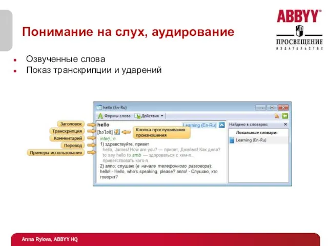 Понимание на слух, аудирование Озвученные слова Показ транскрипции и ударений