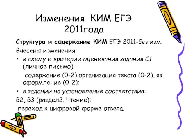 Изменения КИМ ЕГЭ 2011года Структура и содержание КИМ ЕГЭ 2011-без изм. Внесены