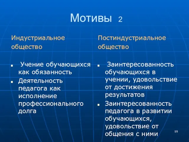 Мотивы 2 Индустриальное общество Учение обучающихся как обязанность Деятельность педагога как исполнение