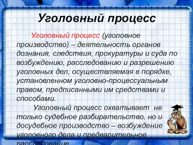 Уголовный процесс Уголовный процесс (уголовное производство) – деятельность органов дознания, следствия, прокуратуры