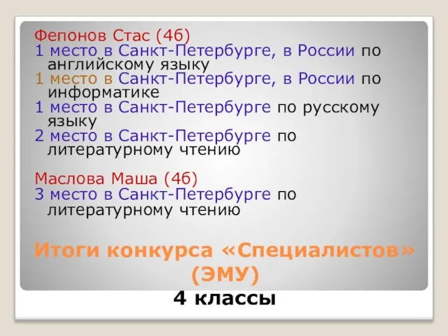 Итоги конкурса «Специалистов» (ЭМУ) 4 классы Фепонов Стас (4б) 1 место в