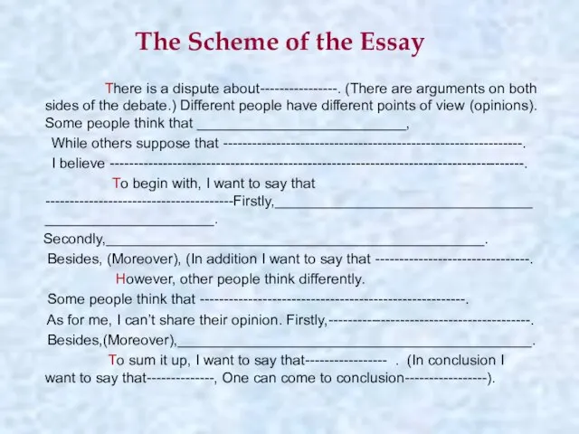 The Scheme of the Essay There is a dispute about----------------. (There are
