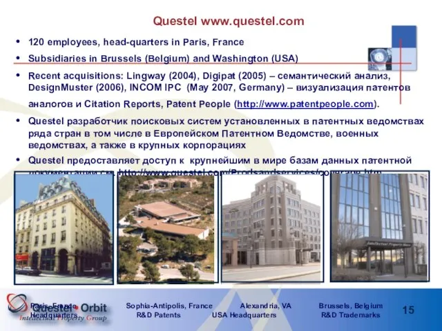 Questel www.questel.com 120 employees, head-quarters in Paris, France Subsidiaries in Brussels (Belgium)