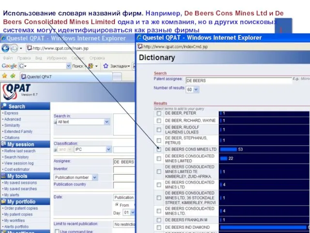 Использование словаря названий фирм. Например, De Beers Cons Mines Ltd и De