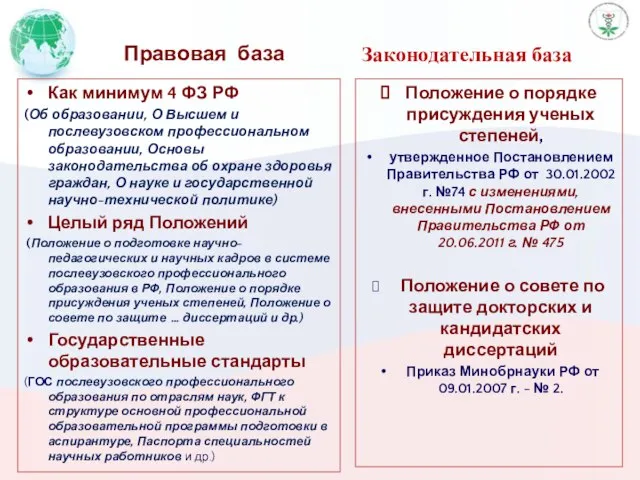 Правовая база Как минимум 4 ФЗ РФ (Об образовании, О Высшем и