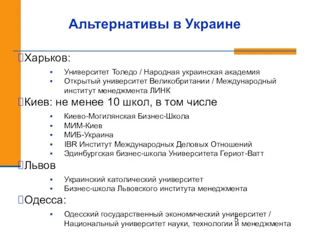 Альтернативы в Украине Харьков: Университет Толедо / Народная украинская академия Открытый университет