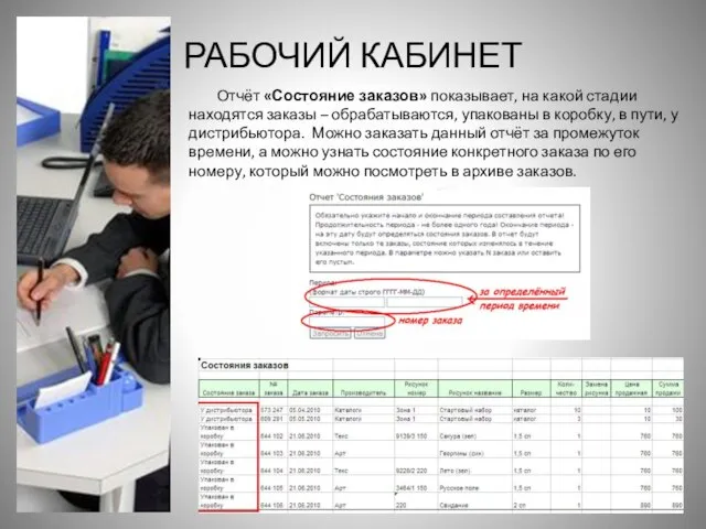 РАБОЧИЙ КАБИНЕТ Отчёт «Состояние заказов» показывает, на какой стадии находятся заказы –