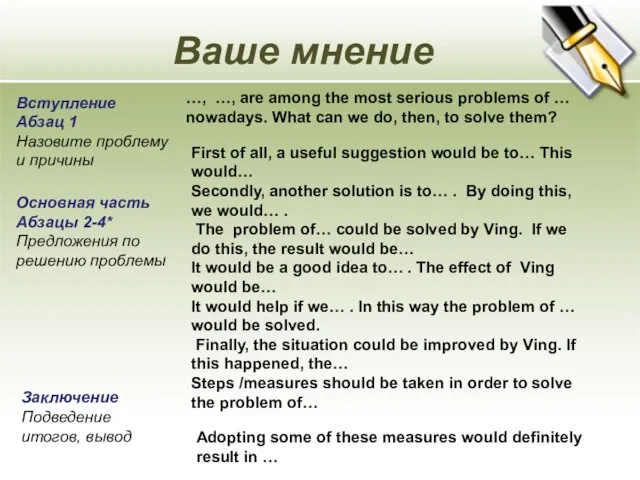 Ваше мнение Вступление Абзац 1 Назовите проблему и причины …, …, are