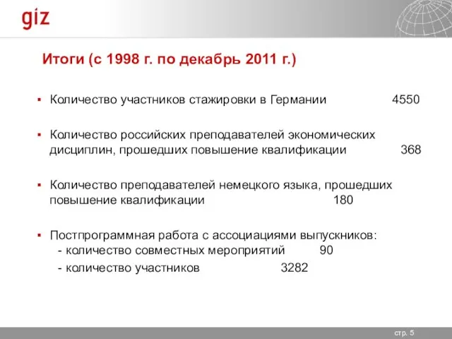 Итоги (с 1998 г. по декабрь 2011 г.) Количество участников стажировки в