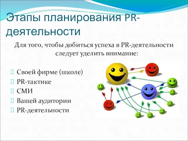 Для того, чтобы добиться успеха в PR-деятельности следует уделить внимание: Своей фирме