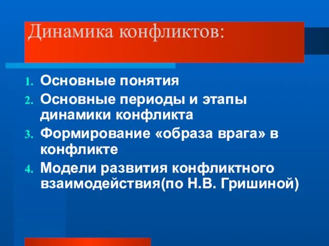 Динамика конфликтов: Основные понятия Основные периоды и этапы динамики конфликта Формирование «образа