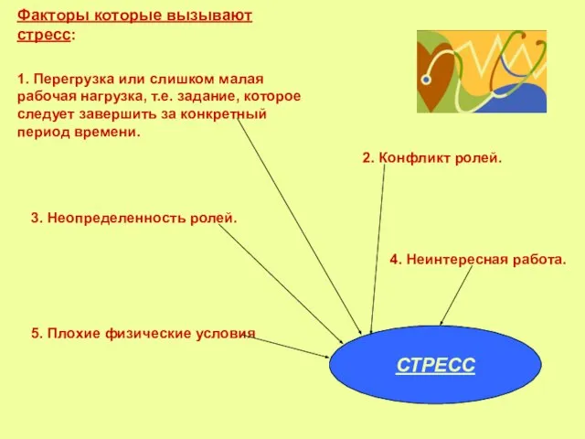 Факторы которые вызывают стресс: 1. Перегрузка или слишком малая рабочая нагрузка, т.е.