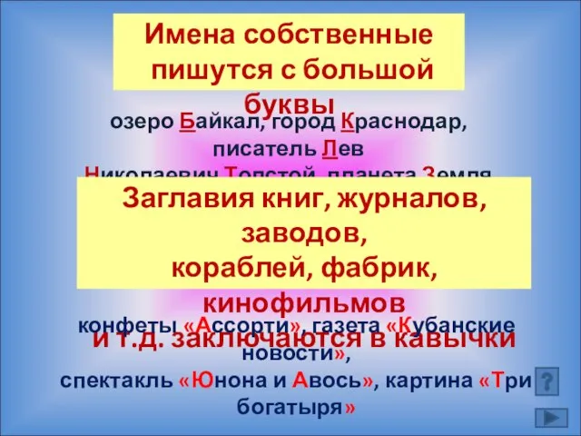 Имена собственные пишутся с большой буквы озеро Байкал, город Краснодар, писатель Лев