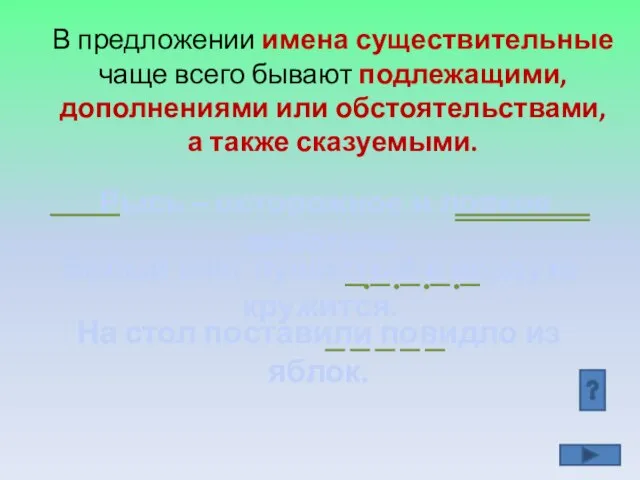 В предложении имена существительные чаще всего бывают подлежащими, дополнениями или обстоятельствами, а