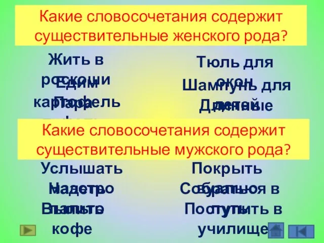 Какие словосочетания содержит существительные женского рода? Жить в роскоши Тюль для окон