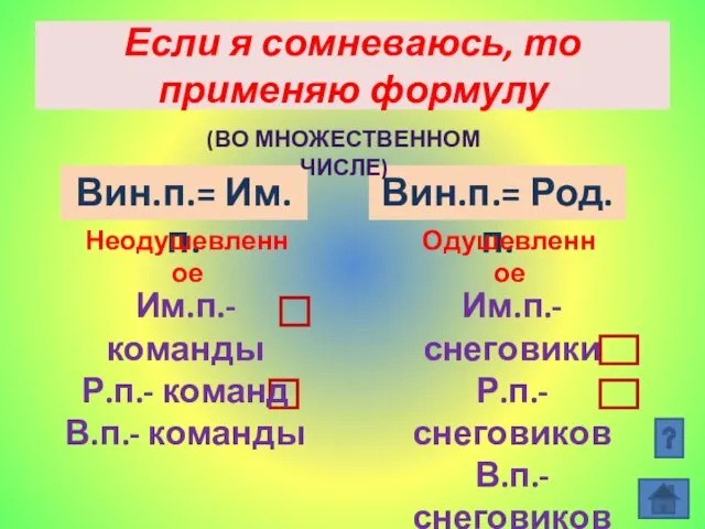 Если я сомневаюсь, то применяю формулу Вин.п.= Им.п. Вин.п.= Род.п. Неодушевленное Одушевленное