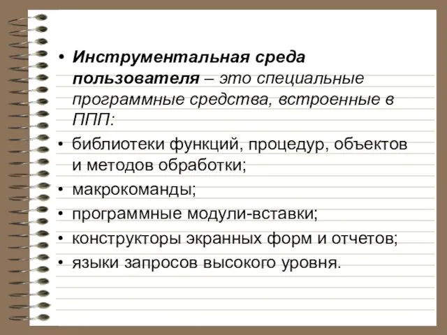 Инструментальная среда пользователя – это специальные программные средства, встроенные в ППП: библиотеки