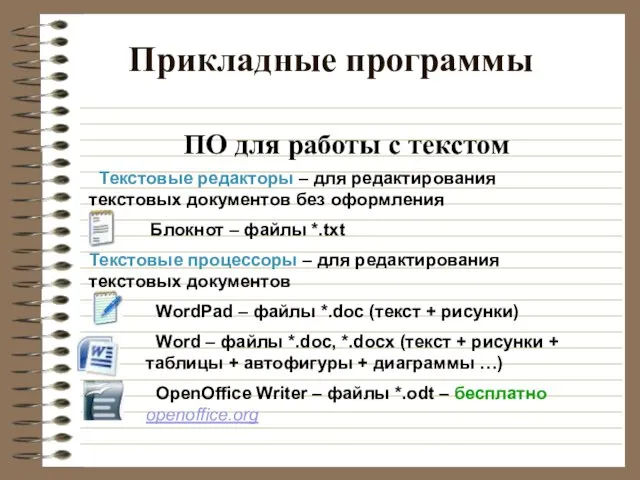 Прикладные программы ПО для работы с текстом Текстовые редакторы – для редактирования