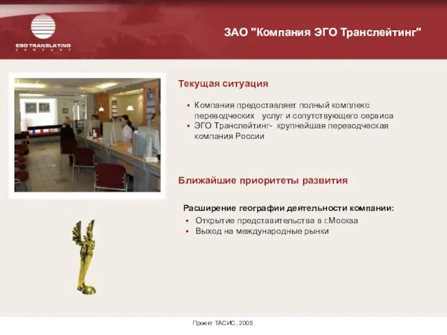 Проект ТАСИС, 2005 Текущая ситуация Компания предоставляет полный комплекс переводческих услуг и